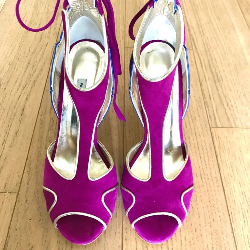 Color Block Blue & Fuchsia Leather Suede Heels – Size 7.5 (EU 38) - Picture 2 of 7